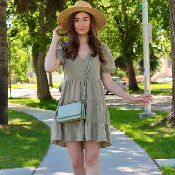 Zara Tiered Linen Blend Babydoll Dress V Neck Ruffled Hem Balloon Sleeve Size L - Picture 1 of 14